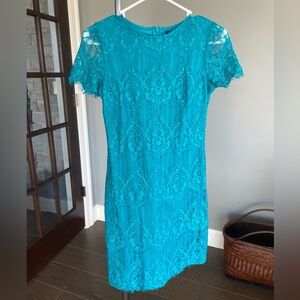 Kensie Short Sleeve Textured Dress with Fringe | Size 2 | Blue/Turquoise Color